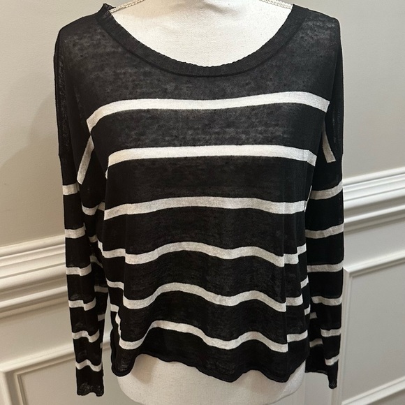 Eileen Fisher Fine Organic Linen Crepe Stripe Sheer Crop Top sz XS - Picture 6 of 14